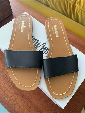 Neiman Marcus Black Leather Slide Sandals with Tan Footbed